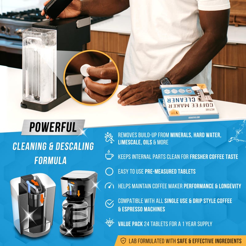 Active Coffee Machine Cleaner Descaler Tablets - 24 Count, Compatible With Nespresso, Keurig, Ninja, Delonghi, Miele, Coffee Maker Pot Descaling & Cleaning Tabs, Descale Drip Coffe And Espresso Machines - Image 2
