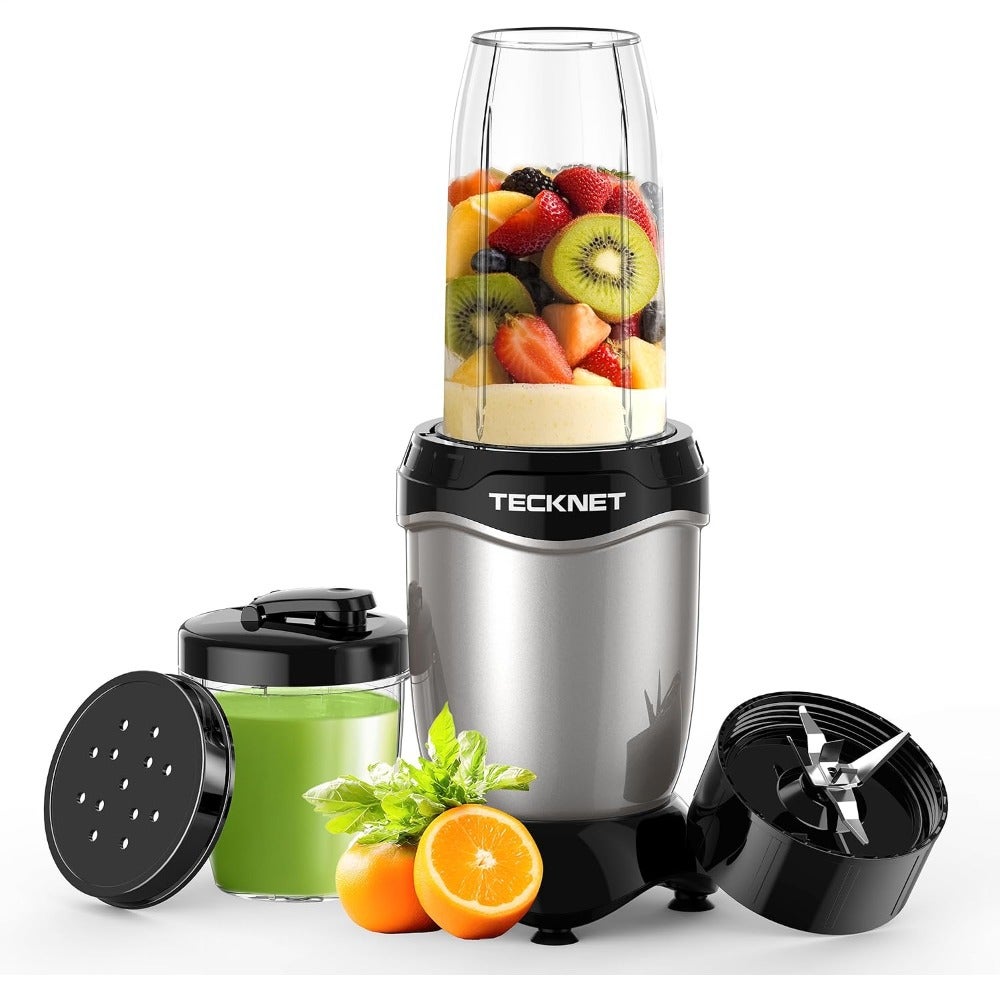 Personal blender for smoothies and juices: 600W, 25, 000 RPM, stainless steel blades, black body, ultra-smooth blending of fruits, vegetables, nuts, ice; includes 500ml portable cup 150ml grinding cup