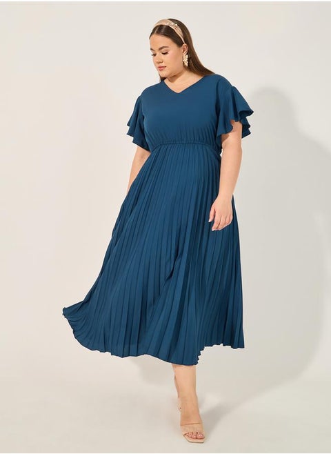 Plus Size Solid Accordion Pleated A-Line Midi Dress