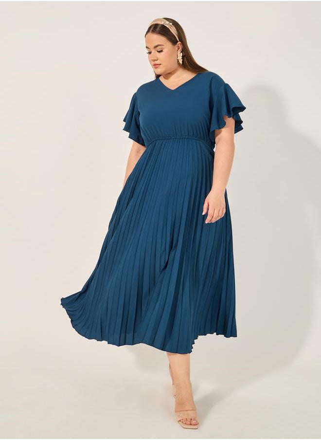 Styli Plus Size Solid Accordion Pleated A-Line Midi Dress  - Image 1