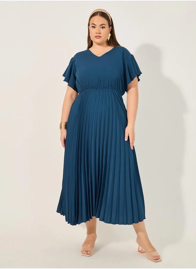 ستايلي Plus Size Solid Accordion Pleated A-Line Midi Dress