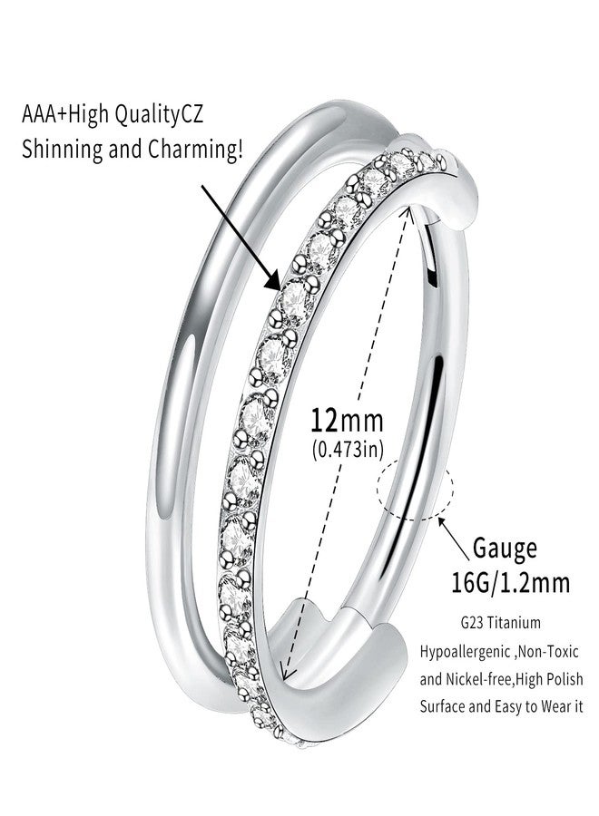 VOJO حلقات أنف VOJO G23 من التيتانيوم 16G مع صف مزدوج من خرز CZ للنساء والرجال (12mm/0.472in، CZ فضي) - Image 5