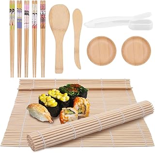 Flyan 12Pcs Bamboo Sushi Tools Set with 2 Sushi Roller MatsÃ¯Â¼Å’5 ChopsticksÃ¯Â¼Å’1 Paddle, 1 Spreader, 2 Plates and1 - Image 1