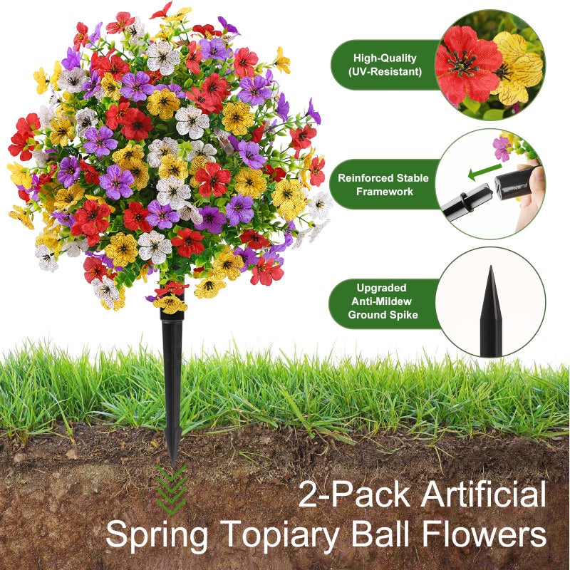 Alupssuc 2Pcs 20" Artificial Topiary Ball Flowers, Spring Outdoor Decoration with Spike, UV Resistant Faux Summer Plants, Faux Bushes Plants, Red Purple Yellow White for Garden, Porch & Patio Decor - Image 3