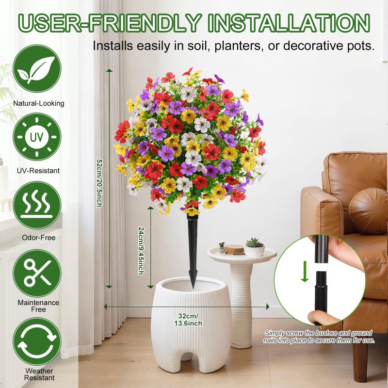 Alupssuc 2Pcs 20" Artificial Topiary Ball Flowers, Spring Outdoor Decoration with Spike, UV Resistant Faux Summer Plants, Faux Bushes Plants, Red Purple Yellow White for Garden, Porch & Patio Decor - Image 2