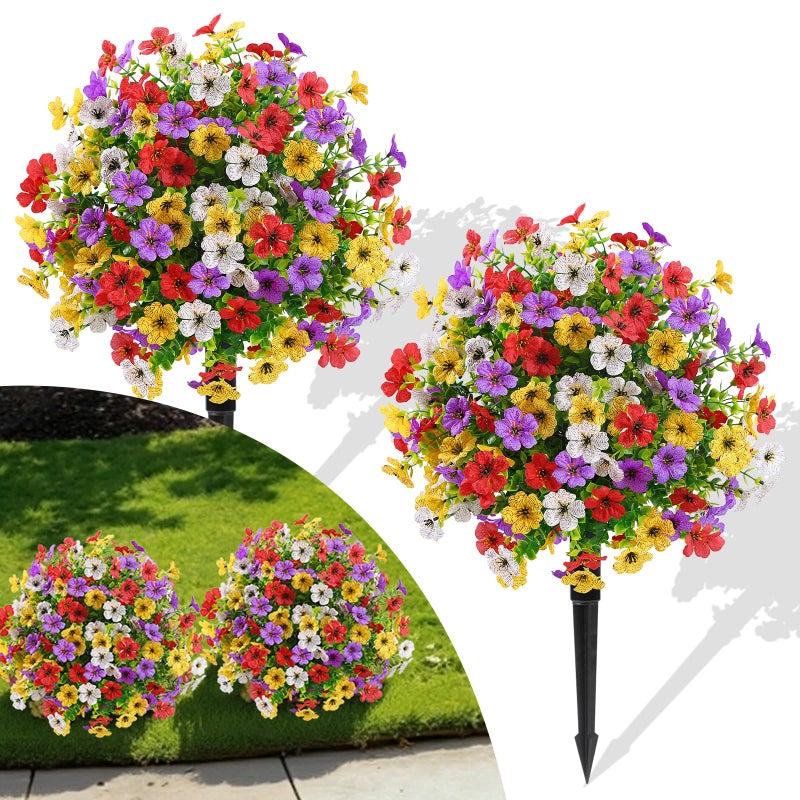 Alupssuc 2Pcs 20" Artificial Topiary Ball Flowers, Spring Outdoor Decoration with Spike, UV Resistant Faux Summer Plants, Faux Bushes Plants, Red Purple Yellow White for Garden, Porch & Patio Decor - Image 1