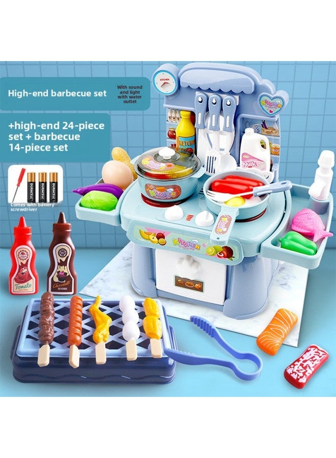 Children's Play House Toy Mini Kitchen Boys And Girls Birthday Gift Cooking Cooking Kitchenware Suit-Color:Blue 24-piece Set + Barbecue 14-piece Set: With Sound And Light With Water + Battery * 3 Tablets + Screwdriver * 1  - Image 1