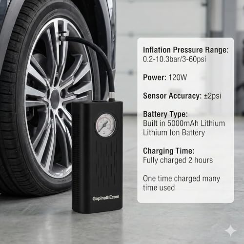 GOPINATH ECOM GopinathEcom Cordless Air Pump for Car & Bike Tyres – Portable Electric Air Compressor with Pressure Gauge 60 PSI, Fast Inflation, Rechargeable – Compact Mini Air Pump for Home & Travel - Image 3