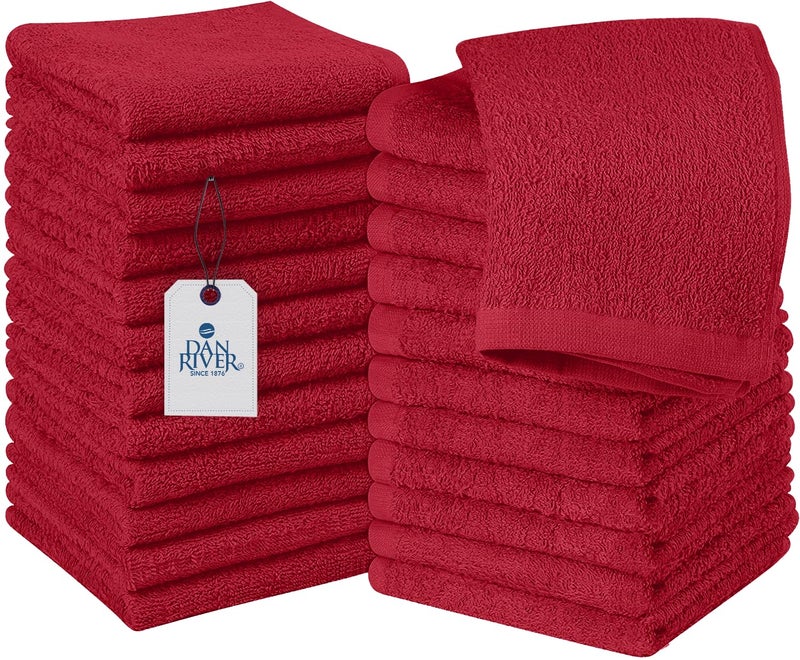 DAN RIVER 100 Cotton Washcloths 24 Pack Premium Quality Face and Body Cloth Quick Dry Essential Towels for Bathroom Hand Kitchen  Cleaning Baby Washcloths  12X12 in  400 GSM  Red