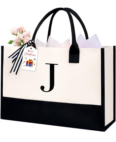 BAGAIL Initial Tote Bag, Personalized Birthday Gifts for Women, Teacher, Friends, Mom, Wedding, Monogrammed Beach Bag(Ivory-1pcs, J) - Image 1