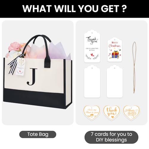 BAGAIL Initial Tote Bag, Personalized Birthday Gifts for Women, Teacher, Friends, Mom, Wedding, Monogrammed Beach Bag(Ivory-1pcs, J) - Image 2