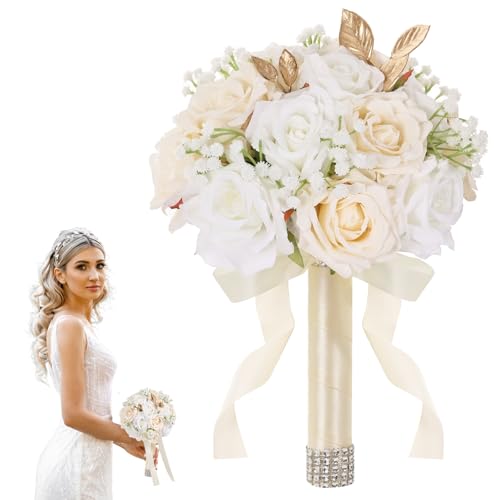 Qeedy Wedding Bouquets for Bride - Realistic Silk Flowers Artificial Roses, 9 Inch Bridesmaid Bouquet for Ceremony, Church, Anniversary, and Home Decoration (White & Champagne) - Image 1