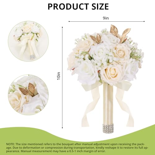 Qeedy Wedding Bouquets for Bride - Realistic Silk Flowers Artificial Roses, 9 Inch Bridesmaid Bouquet for Ceremony, Church, Anniversary, and Home Decoration (White & Champagne) - Image 3