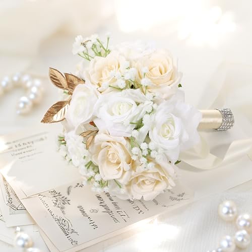 Qeedy Wedding Bouquets for Bride - Realistic Silk Flowers Artificial Roses, 9 Inch Bridesmaid Bouquet for Ceremony, Church, Anniversary, and Home Decoration (White & Champagne) - Image 2