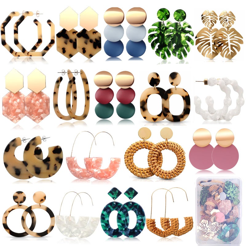 FIFATA 18 Pairs Vacation Statement Earrings for Women Straw Rattan Earrings Acrylic Resin Hoop Drop Dangle Earrings Set Hypoallergenic for Sensitive Ears - Image 1