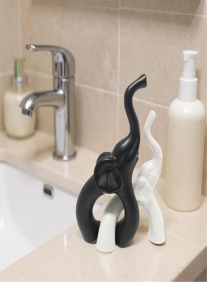 Zerzsy Loving Pair of Elephants Statues Figurine, Modern Style Sculpture Decorative, Ornament Elephant for Living Room Office Cabinets, Shelf - Black & White Ceramic Decor - Image 5