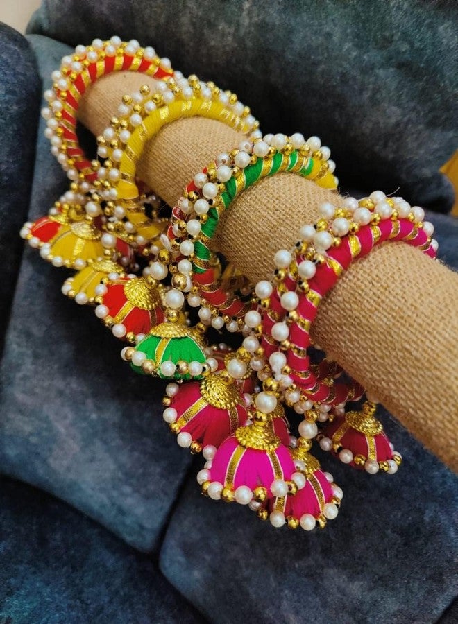 ANISHOP Multicolour assorted bangles with hangings, Mehandi Giveaways, Traditional Lumba, Chuda Hanging Rakhi for Women, Kada Rakhi For Bhabhi Set of 2 pairs (4 pieces) - Image 2