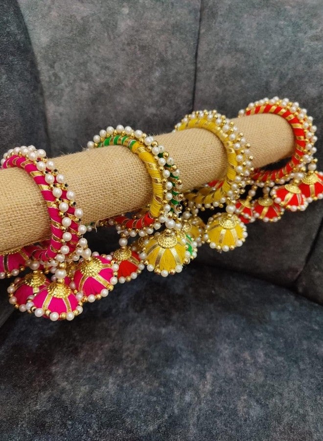 ANISHOP Multicolour assorted bangles with hangings, Mehandi Giveaways, Traditional Lumba, Chuda Hanging Rakhi for Women, Kada Rakhi For Bhabhi Set of 2 pairs (4 pieces) - Image 3