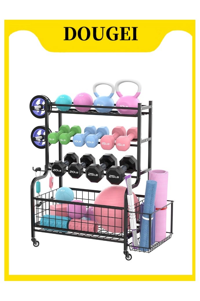 دوغي رف الدمبل رف المنزل صالة الألعاب الرياضية للدمبل ، أجراس الغلاية ، بكرات الرغوة ، حصائر اليوغا وأشرطة المقاومة ، منظم معدات التمرين مع عجلات - Image 1
