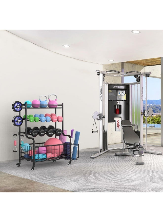 دوغي رف الدمبل رف المنزل صالة الألعاب الرياضية للدمبل ، أجراس الغلاية ، بكرات الرغوة ، حصائر اليوغا وأشرطة المقاومة ، منظم معدات التمرين مع عجلات - Image 2