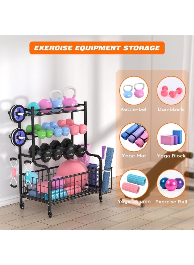 دوغي رف الدمبل رف المنزل صالة الألعاب الرياضية للدمبل ، أجراس الغلاية ، بكرات الرغوة ، حصائر اليوغا وأشرطة المقاومة ، منظم معدات التمرين مع عجلات - Image 3