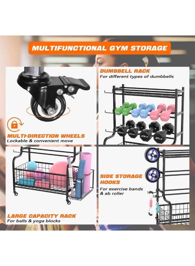 دوغي رف الدمبل رف المنزل صالة الألعاب الرياضية للدمبل ، أجراس الغلاية ، بكرات الرغوة ، حصائر اليوغا وأشرطة المقاومة ، منظم معدات التمرين مع عجلات - Image 5