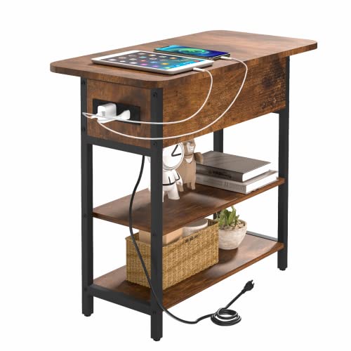 Yoobure End Table with Charging Station Flip Top Side Table with USB Ports and Outlets Sofa Couch Table Bedside Table for Living Room Bedroom Narrow Nightstand with Storage Shelves for Small Space