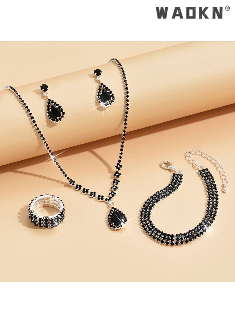 4 Pcs Rhinestone Jewelry Set Stylish Elegant Necklace Zircon Earrings Pendant Bracelet Ring Chic Gift ，Wedding Bridal Bridesmaid Costume Jewelry Set for Women and Girls Dress Accessories Black - pzsku/Z5F98DAC24D8AE341EC98Z/45/_/1729237328/67006b78-049f-4653-a7f9-7dec3b0e73eb