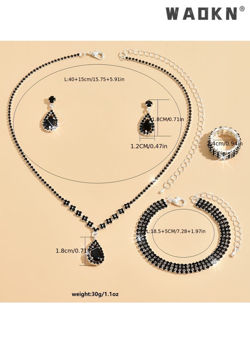 4 Pcs Rhinestone Jewelry Set Stylish Elegant Necklace Zircon Earrings Pendant Bracelet Ring Chic Gift ，Wedding Bridal Bridesmaid Costume Jewelry Set for Women and Girls Dress Accessories Black - pzsku/Z5F98DAC24D8AE341EC98Z/45/_/1729237332/8410a19d-2f25-46aa-9782-c6de06a60dd5