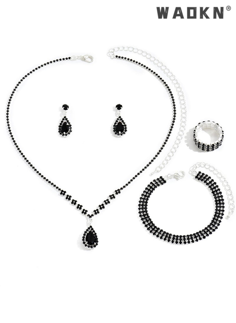 4 Pcs Rhinestone Jewelry Set Stylish Elegant Necklace Zircon Earrings Pendant Bracelet Ring Chic Gift ，Wedding Bridal Bridesmaid Costume Jewelry Set for Women and Girls Dress Accessories Black - pzsku/Z5F98DAC24D8AE341EC98Z/45/_/1729237339/1eba5137-c52c-4707-af6c-39daf27a434a