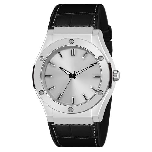 SWADESI STUFF Analog Quartz Wrist Watch for Men and Boys | Stylish Leather Strap | Classic Round Dial | Luxury Fashion Timepiece | Elegant Casual & Formal Wear Accessory (Silver) - Image 1