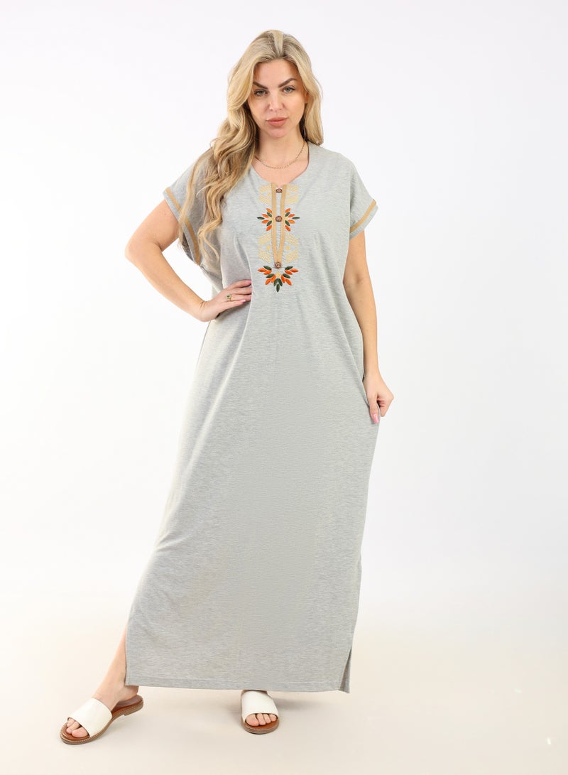 zecotex  Summer Maxi Abaya |Beige Embroidered Long Nightgown | Elegant Cotton Maxi Dress | Lightweight Fabrics for Maximum Comfort | Women's Home wear  - Image 1