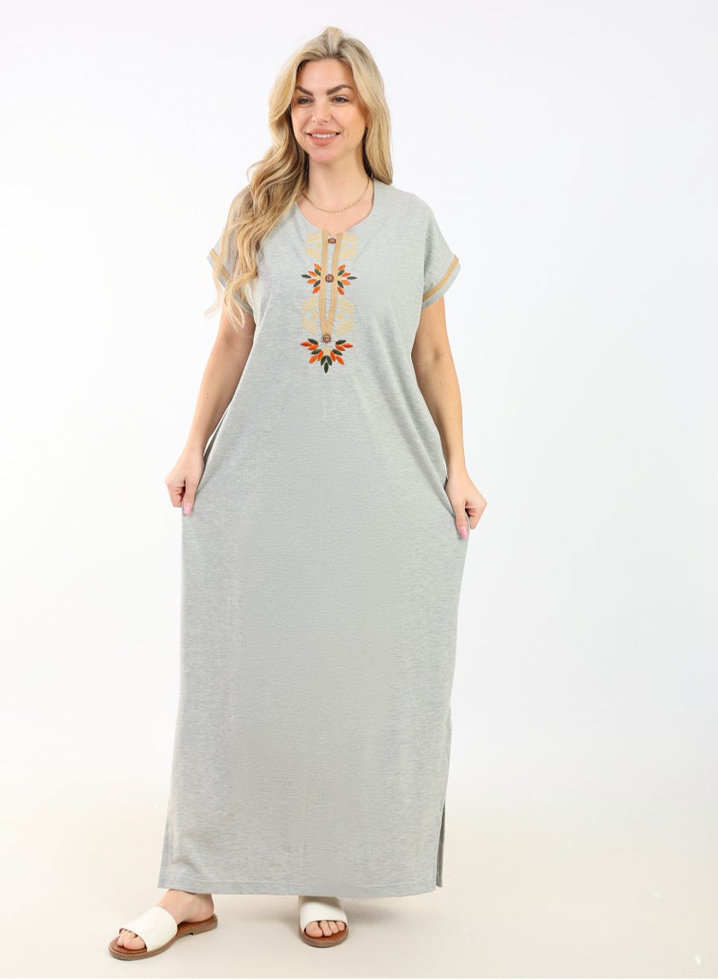 zecotex  Summer Maxi Abaya |Beige Embroidered Long Nightgown | Elegant Cotton Maxi Dress | Lightweight Fabrics for Maximum Comfort | Women's Home wear  - Image 2