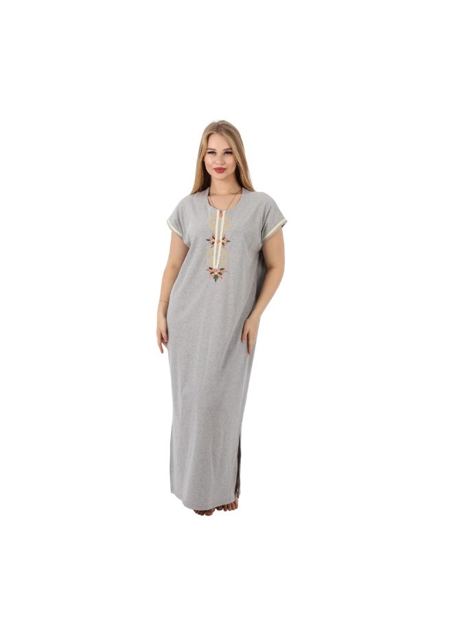 zecotex  Women's Maxi Cotton Home Dress - Grey Long Jalabiya with Geometric Floral Embroidery and Button Detail. - Image 1