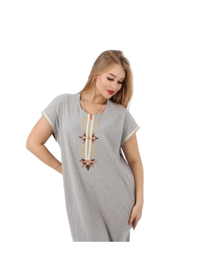 zecotex  Women's Maxi Cotton Home Dress - Grey Long Jalabiya with Geometric Floral Embroidery and Button Detail. - Image 2