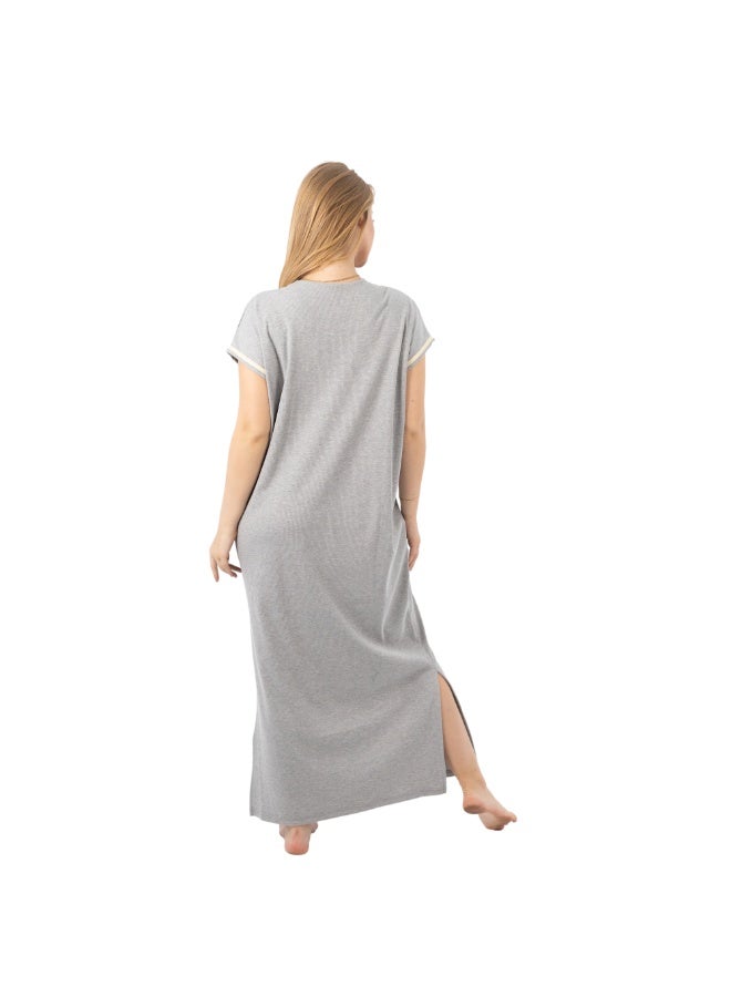 zecotex  Women's Maxi Cotton Home Dress - Grey Long Jalabiya with Geometric Floral Embroidery and Button Detail. - Image 5