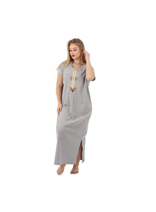 zecotex  Women's Maxi Cotton Home Dress - Grey Long Jalabiya with Geometric Floral Embroidery and Button Detail. - Image 4