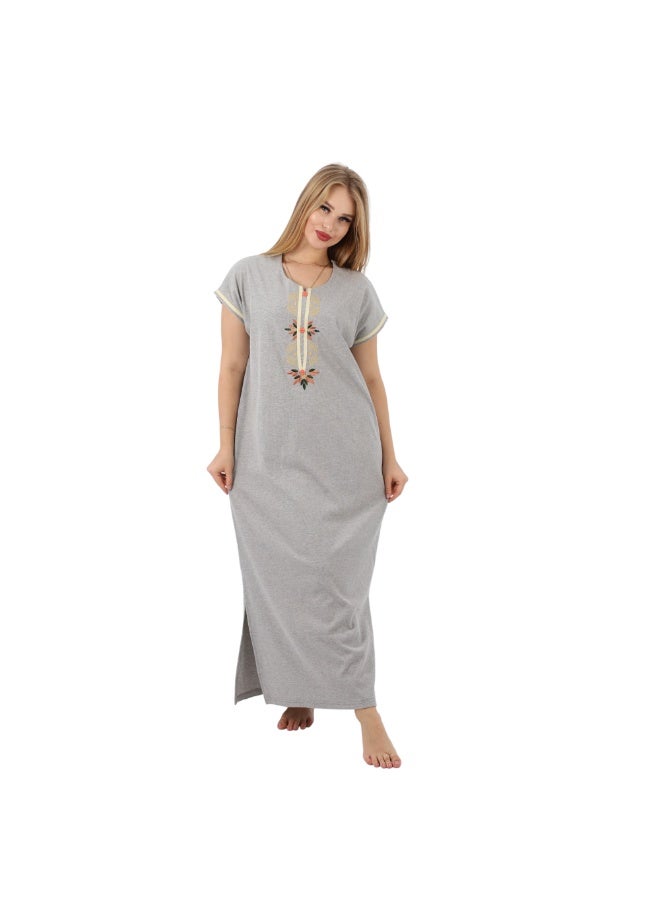 zecotex  Women's Maxi Cotton Home Dress - Grey Long Jalabiya with Geometric Floral Embroidery and Button Detail. - Image 3