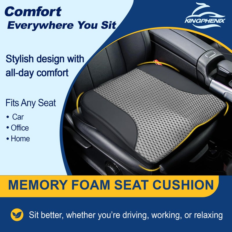 kingphenix Car Seat Cushion â€“ Memory Foam Pad for Driving Comfort â€“ Boosts Height and Relieves Coccyx & Lower Back Pain â€“ Car, Truck, Office Chair (Leather Black & 4D Mesh Gray) - Image 2