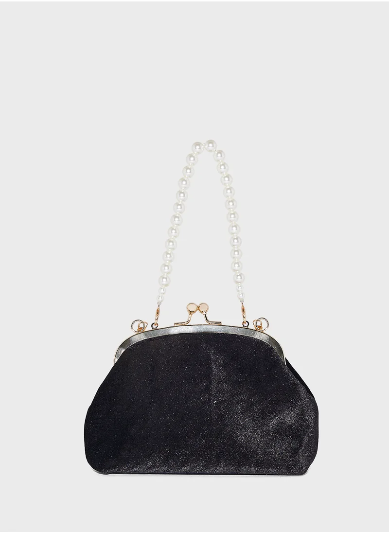 Khizana Rhinestone Velvet Clutch Bag With Pearl Handle