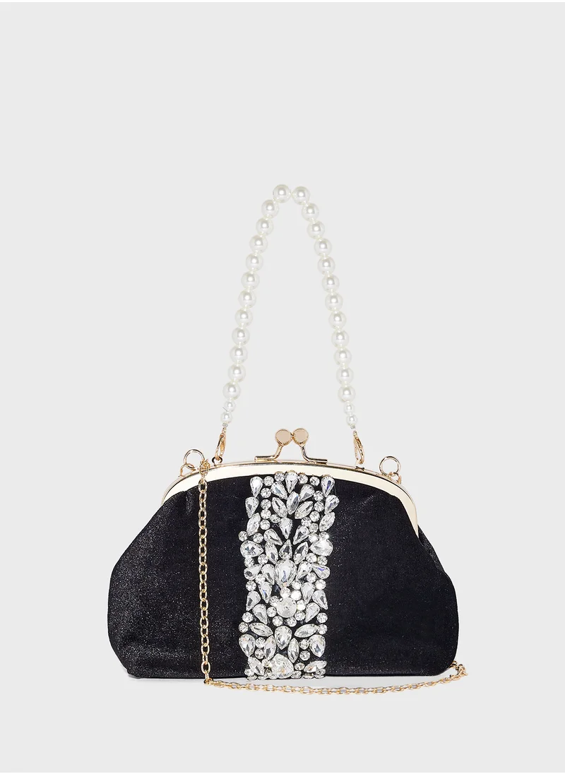 Khizana Rhinestone Velvet Clutch Bag With Pearl Handle