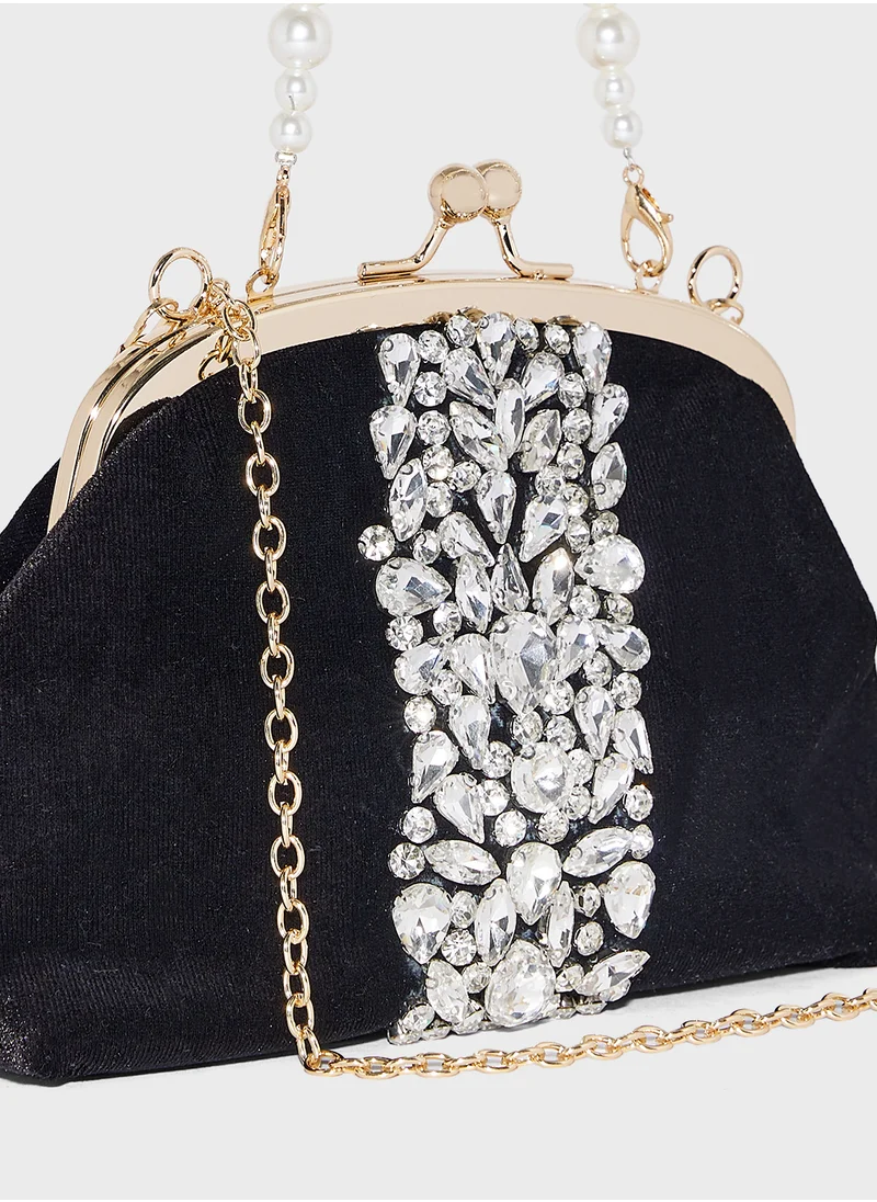 خزانة Rhinestone Velvet Clutch Bag With Pearl Handle