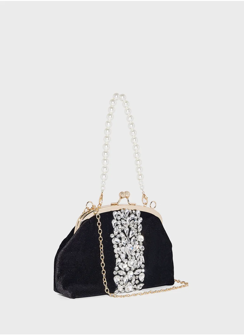 خزانة Rhinestone Velvet Clutch Bag With Pearl Handle