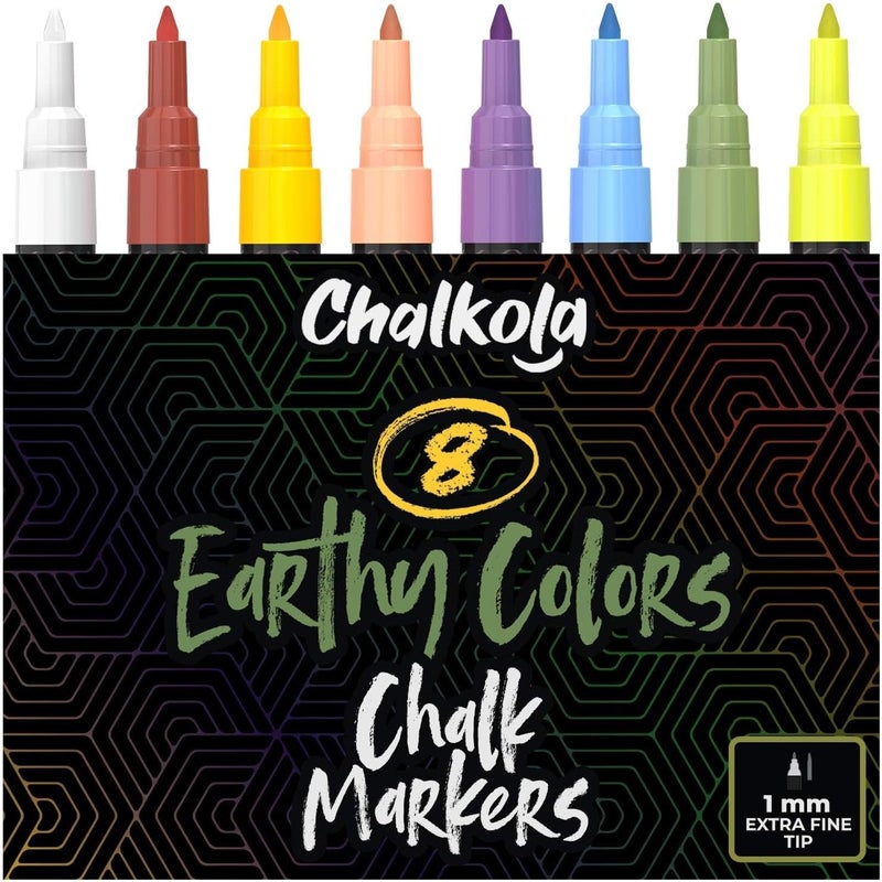 Chalkola Extra Fine Tip Chalkboard Chalk Pens | 1mm Nib | Pack of 8 Classic Earth Colors | Non-Toxic Wet-Erase Liquid Chalk Ink Markers - Image 1