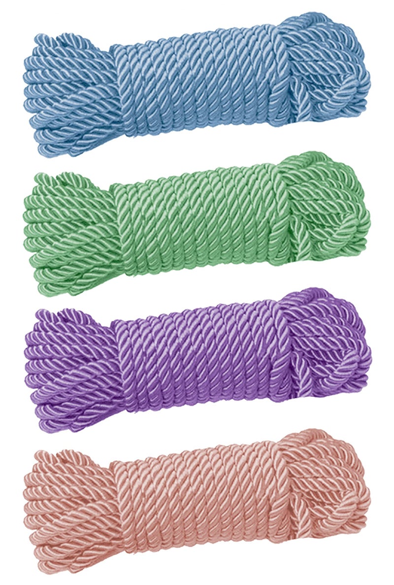 CRAFTCURL Polyester Rope  Slightly Shiny Design Solid Braided Rope  Highly Durable Multipurpose Twisted Rope Suitable for Camping Cargo Tie Down  Swing Pack of 4 Blue Peach Purple  Green