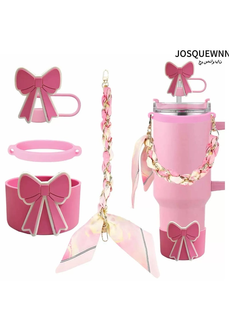 JOSQUEWNN Stanley Cup Accessories Set, Bow Straw Toppers,Silk Scarf Water Cup Hand Strap With Large Bow Straw Cap, Straw Cover Boots For Stanley, Silicone Straw Toppers For Tumblers, Bow Cup Accessories For 20 And 30 And 40oz,Pink.  - Image 1