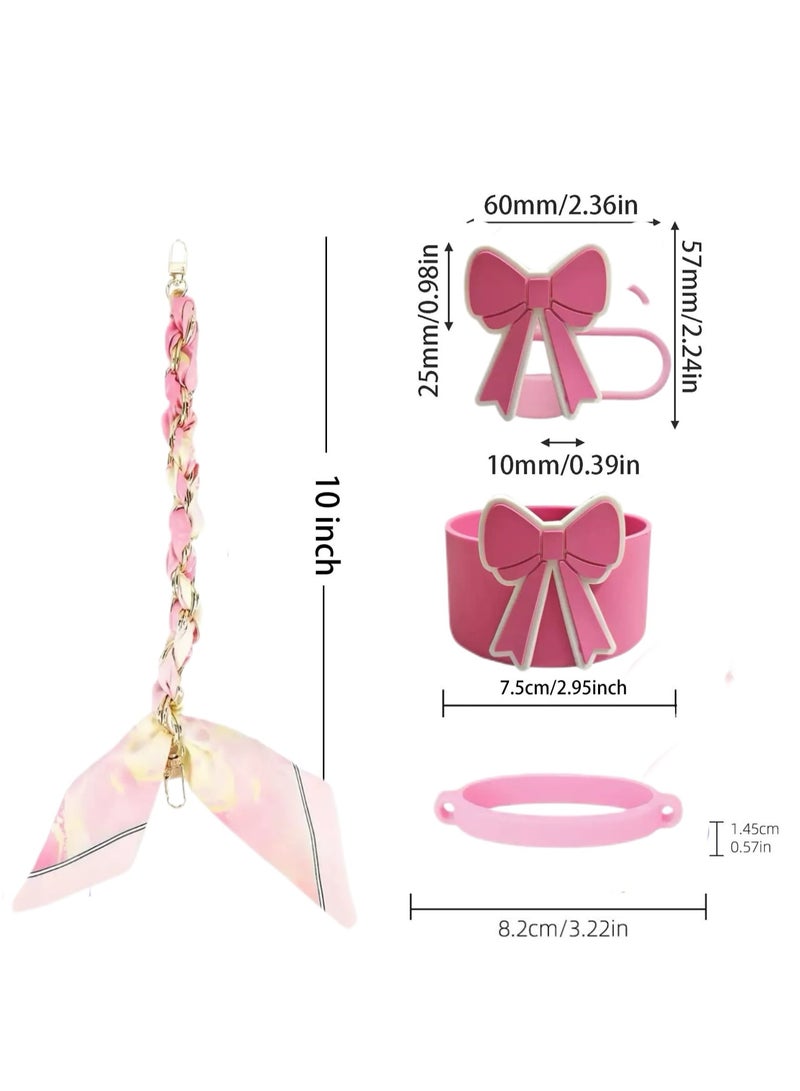 JOSQUEWNN Stanley Cup Accessories Set, Bow Straw Toppers,Silk Scarf Water Cup Hand Strap With Large Bow Straw Cap, Straw Cover Boots For Stanley, Silicone Straw Toppers For Tumblers, Bow Cup Accessories For 20 And 30 And 40oz,Pink.  - Image 2