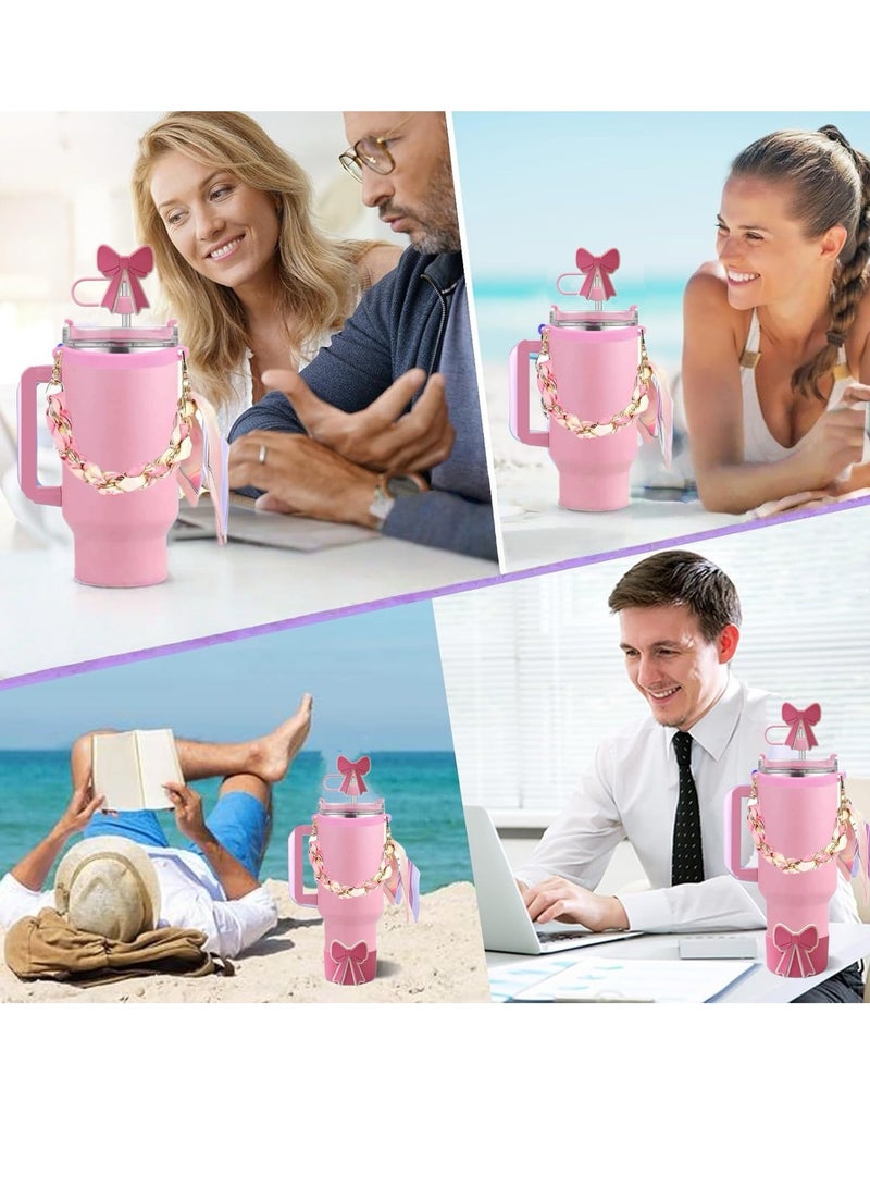 JOSQUEWNN Stanley Cup Accessories Set, Bow Straw Toppers,Silk Scarf Water Cup Hand Strap With Large Bow Straw Cap, Straw Cover Boots For Stanley, Silicone Straw Toppers For Tumblers, Bow Cup Accessories For 20 And 30 And 40oz,Pink.  - Image 4