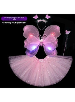Children's Day Little Girl Baby Back Headwear Luminous Light Butterfly Wings Skirt Fantastic Fairy Table Performance Costume-Color:Pink Light Butterfly + Light Skirt