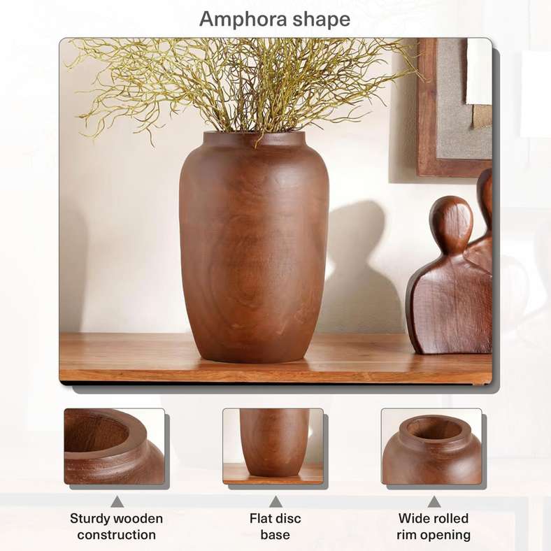 Pan Home Pecan Wooden Decor Vase 17x17x21cm - Brown - 112AIC9904228 - Image 5